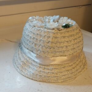 Vintage Girls Easter Hat w/ Flowers & Ribbons, White Blue Green, Beading